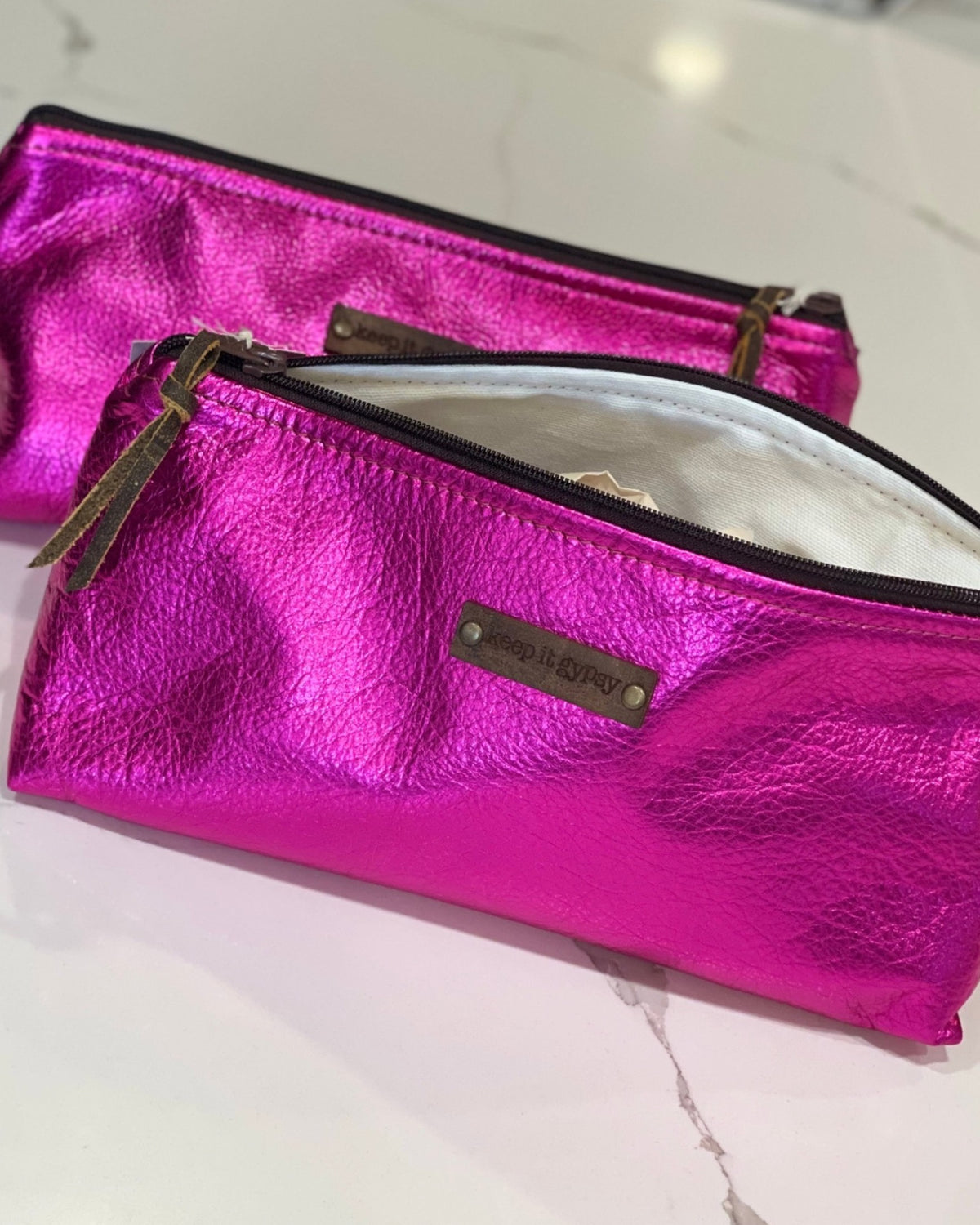 Metallic Fuchsia Leather Make-up Bags