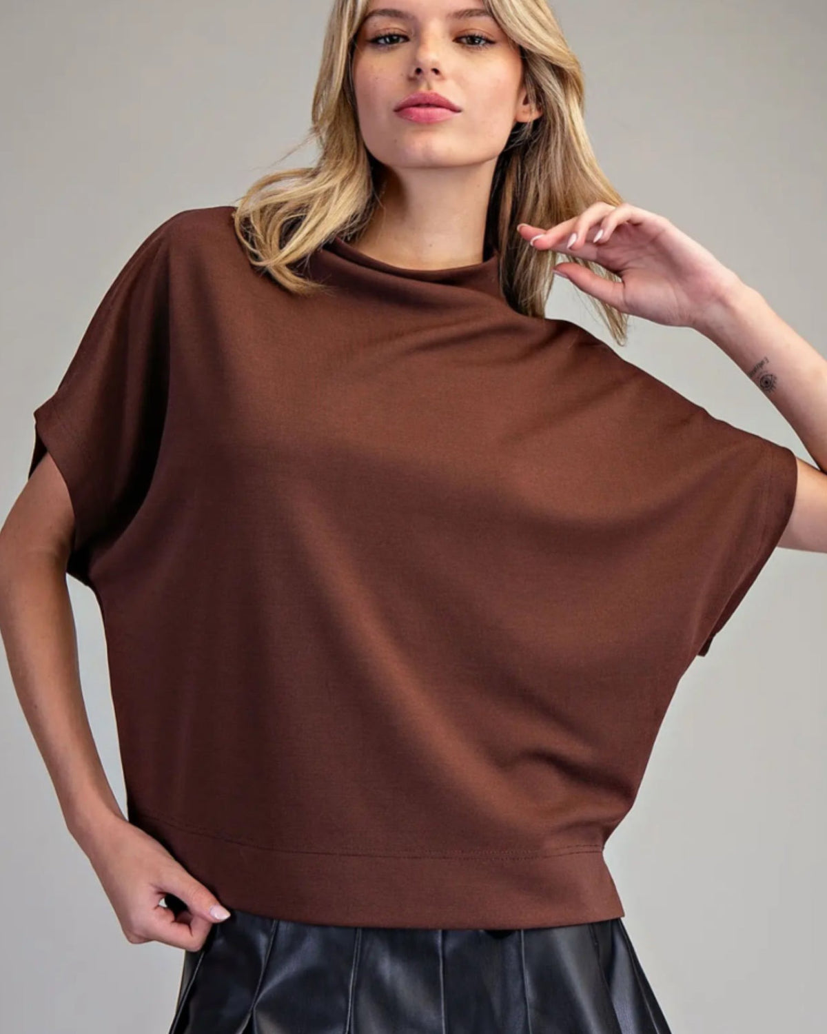 Sweet as Fall Short Sleeve Mock Neck in Espresso
